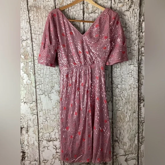 Fairy Faeriesty Glam Pink Sequin Midi Dress Sparkle Luxury Luxe Hearts M - Picture 2 of 6